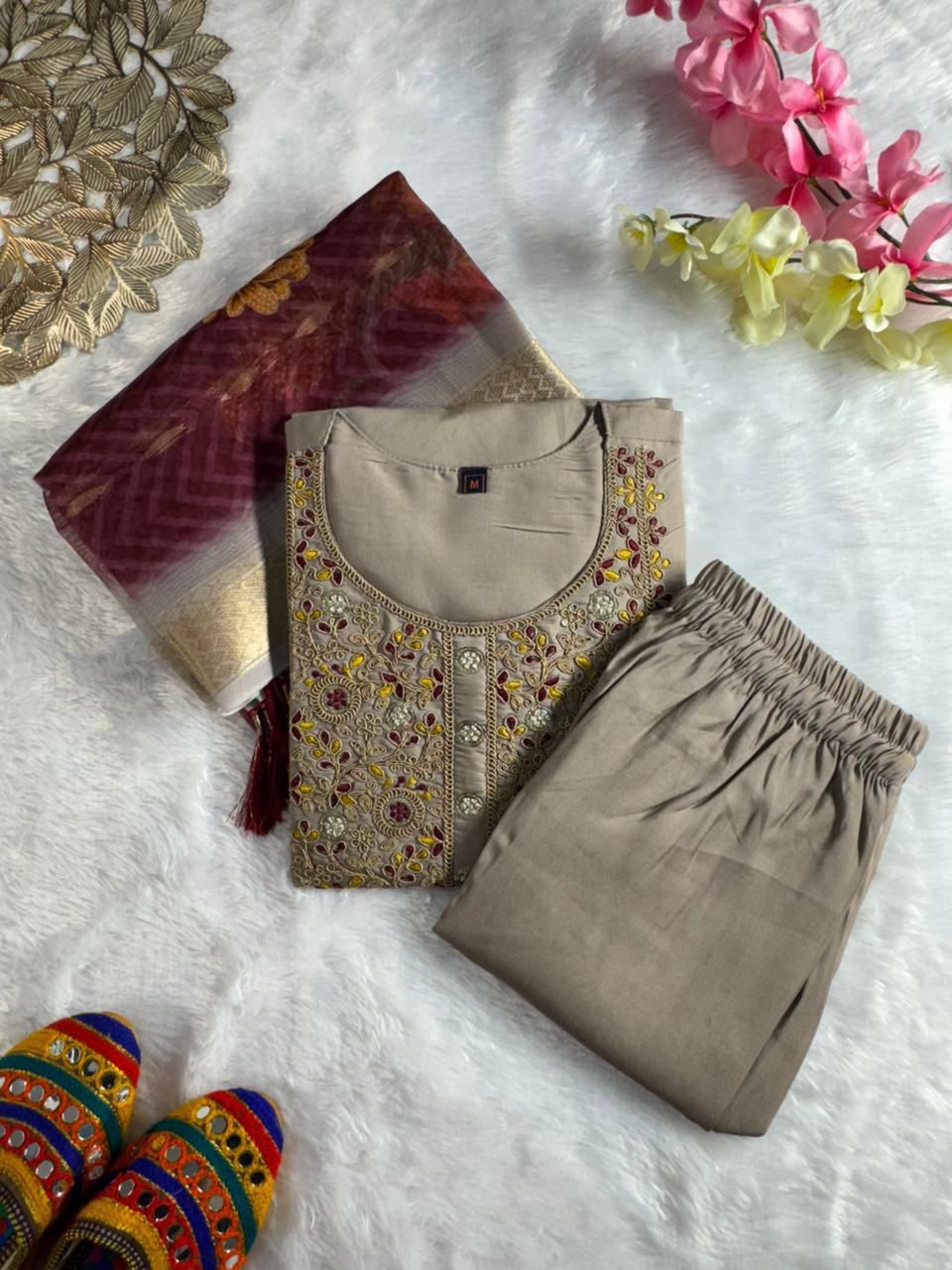 Roman Silk Embroidered Kurta Pant Dupatta Set for Women