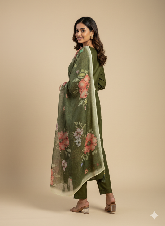 Roman Silk Kurti Set with Embroidery & Sequins Work | Tomato Pink Designer Kurti Pent Dupatta Set