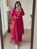Buy Pink Roman Silk Embroidered Kurti Pant Dupatta Set | Festive & Traditional Wear