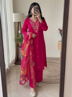 Buy Pink Roman Silk Embroidered Kurti Pant Dupatta Set | Festive & Traditional Wear