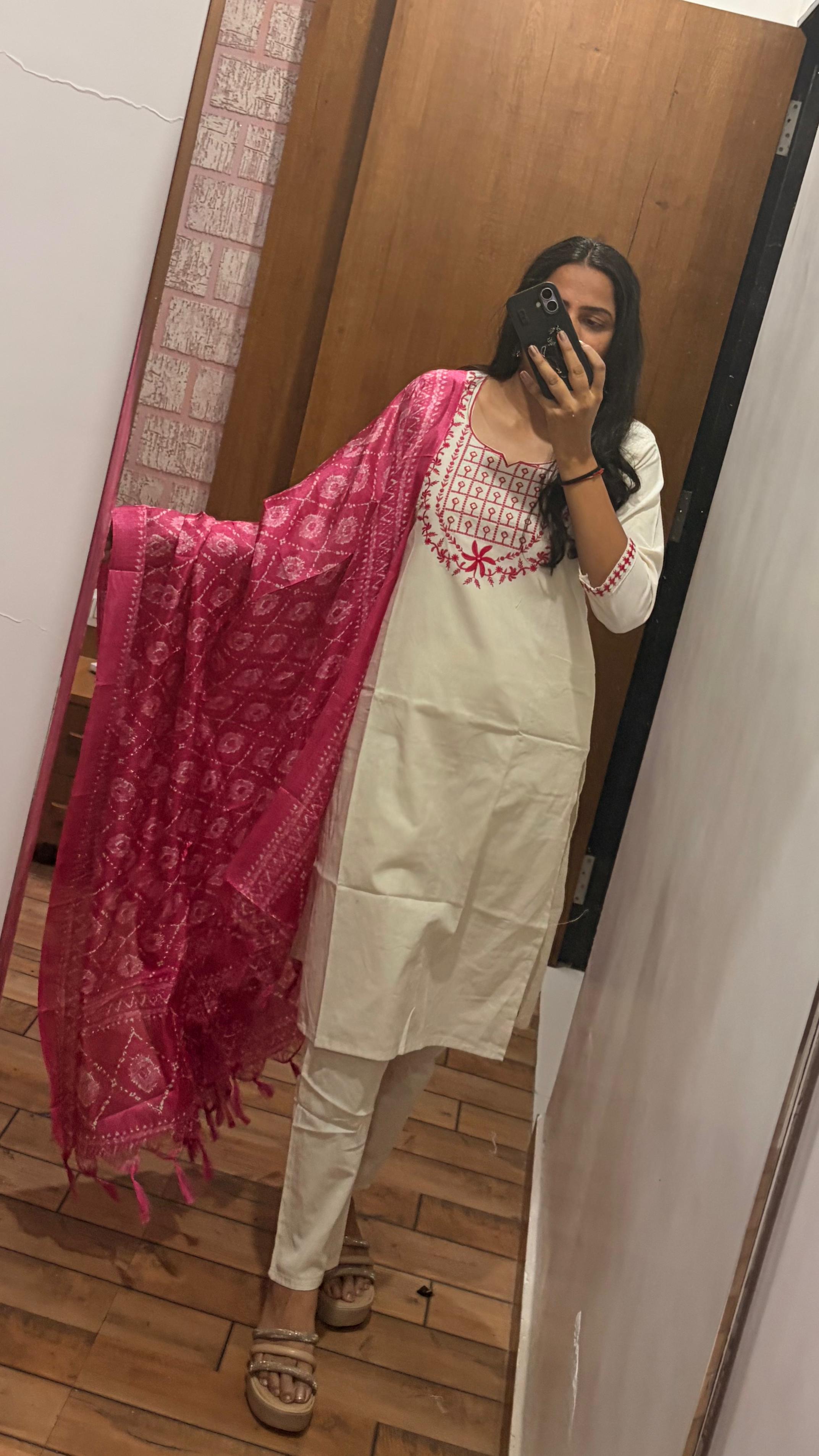 Laltika Women's Khadi Cotton Embroidered Kurta Pant Dupatta Set with Bhagalpuri Khadi Print Dupatta