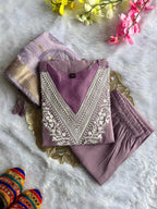 Buy Lavender Roman Silk Designer Kurti with Pant & Dupatta Set | Embroidered Festive Wear for Women