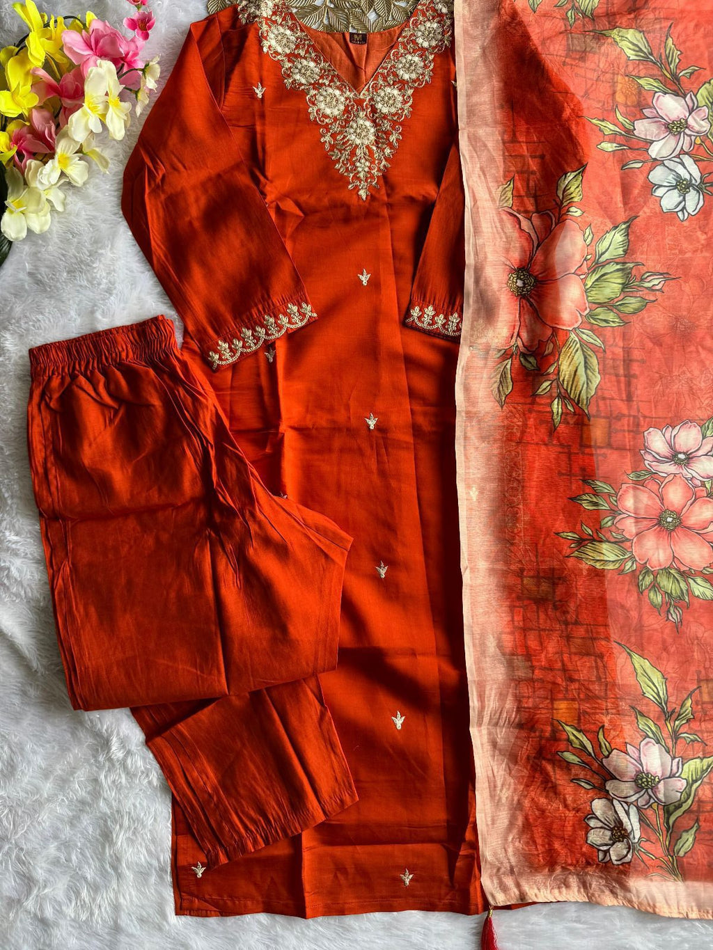 Rust Roman Silk Embroidered Kurta Pant Dupatta Set for Women