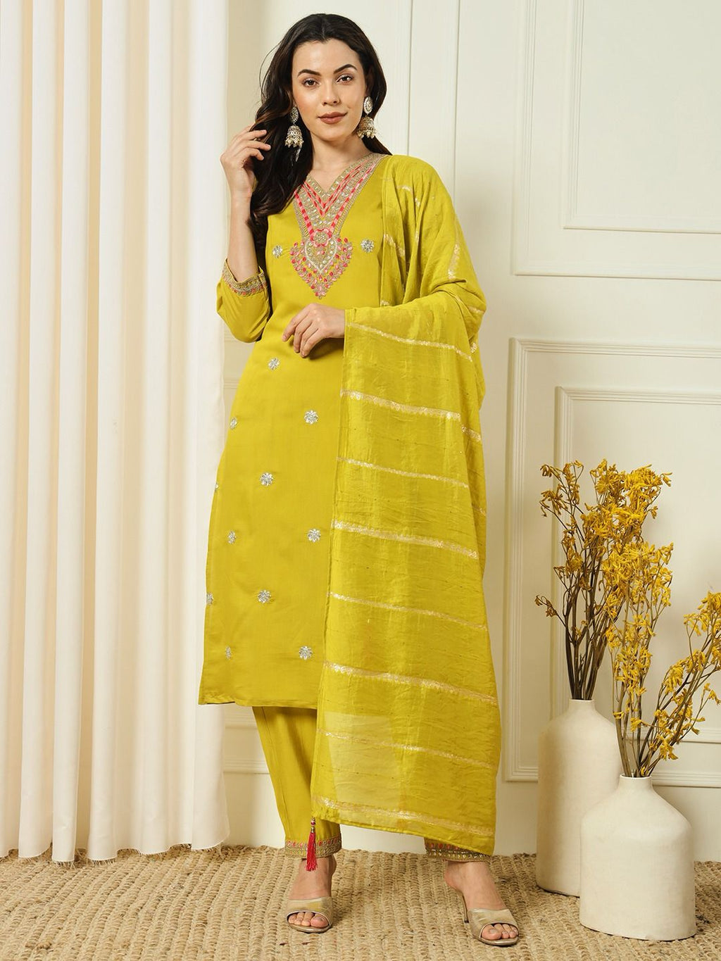Laltika Women's Roman Silk Embroidered Kurta Pant Dupatta Set with Cotton Silk Dupatta