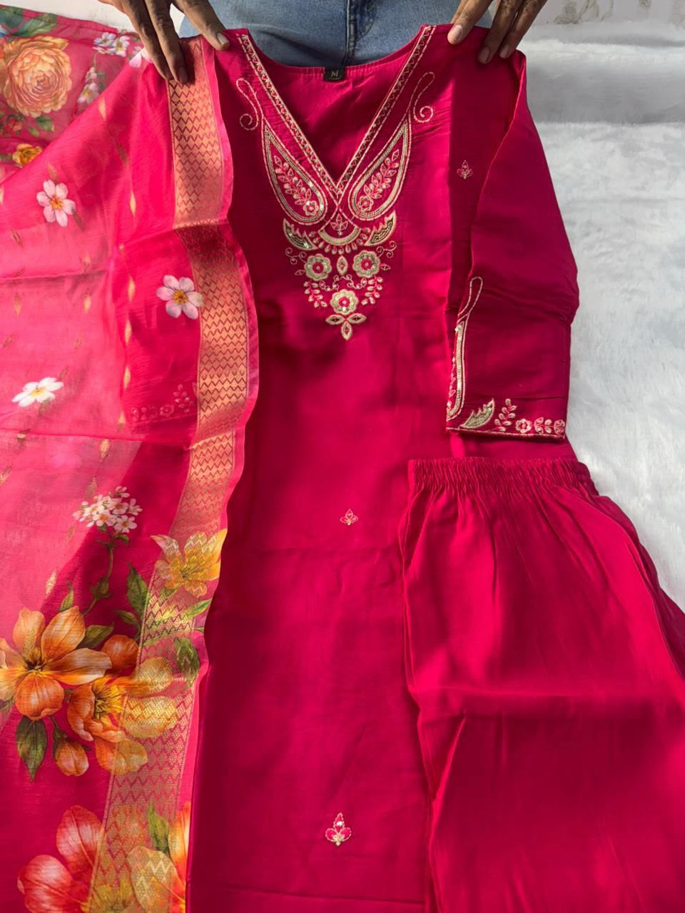Buy Pink Roman Silk Embroidered Kurti Pant Dupatta Set | Festive & Traditional Wear