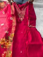 Buy Pink Roman Silk Embroidered Kurti Pant Dupatta Set | Festive & Traditional Wear