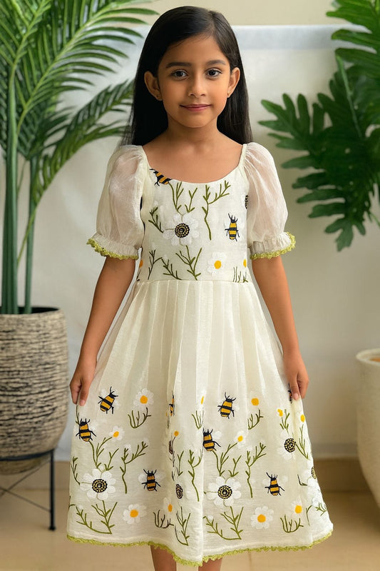 Honeybee Off-White Flared Dress for Girls | Honeybee Embroidery with Puff Sleeves | Crush Organza Dress for Special Occasions