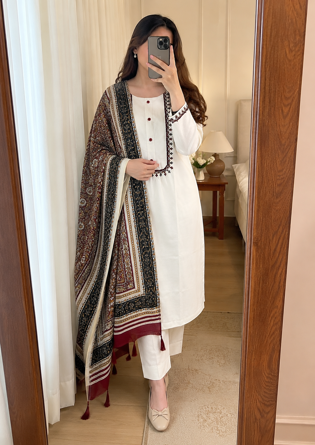 Khadi Cotton Embroidered Kurta Pant Dupatta Set for Women