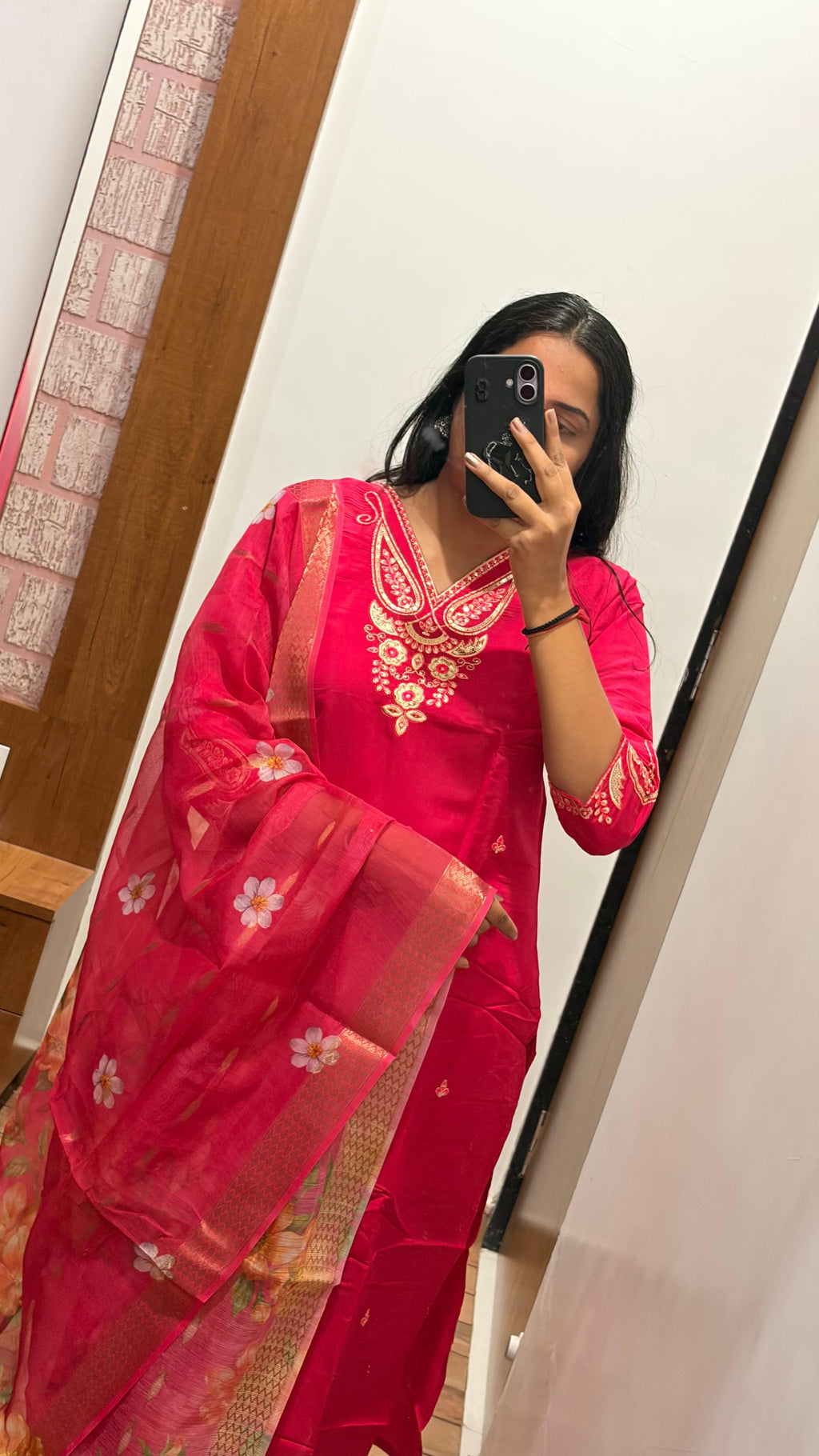Laltika Pink Roman Silk Embroidered Kurta Pant Dupatta Set with Chanderi Jacquard Dupatta