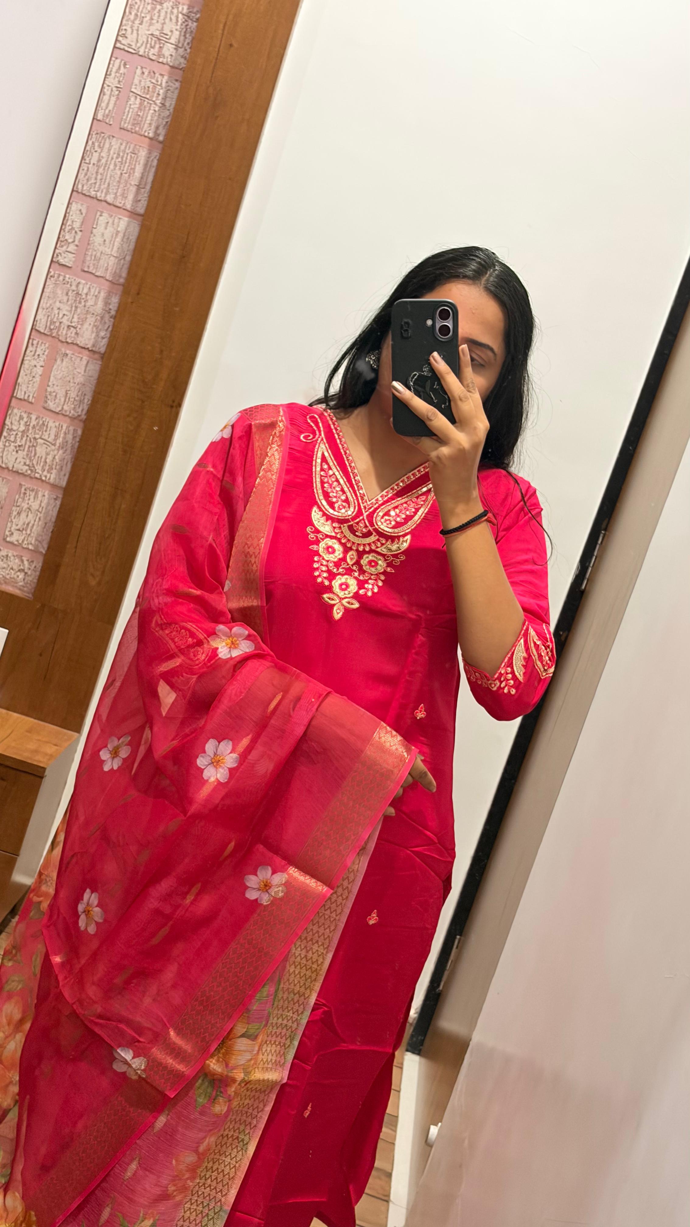 Laltika Pink Roman Silk Embroidered Kurta Pant Dupatta Set with Chanderi Jacquard Dupatta