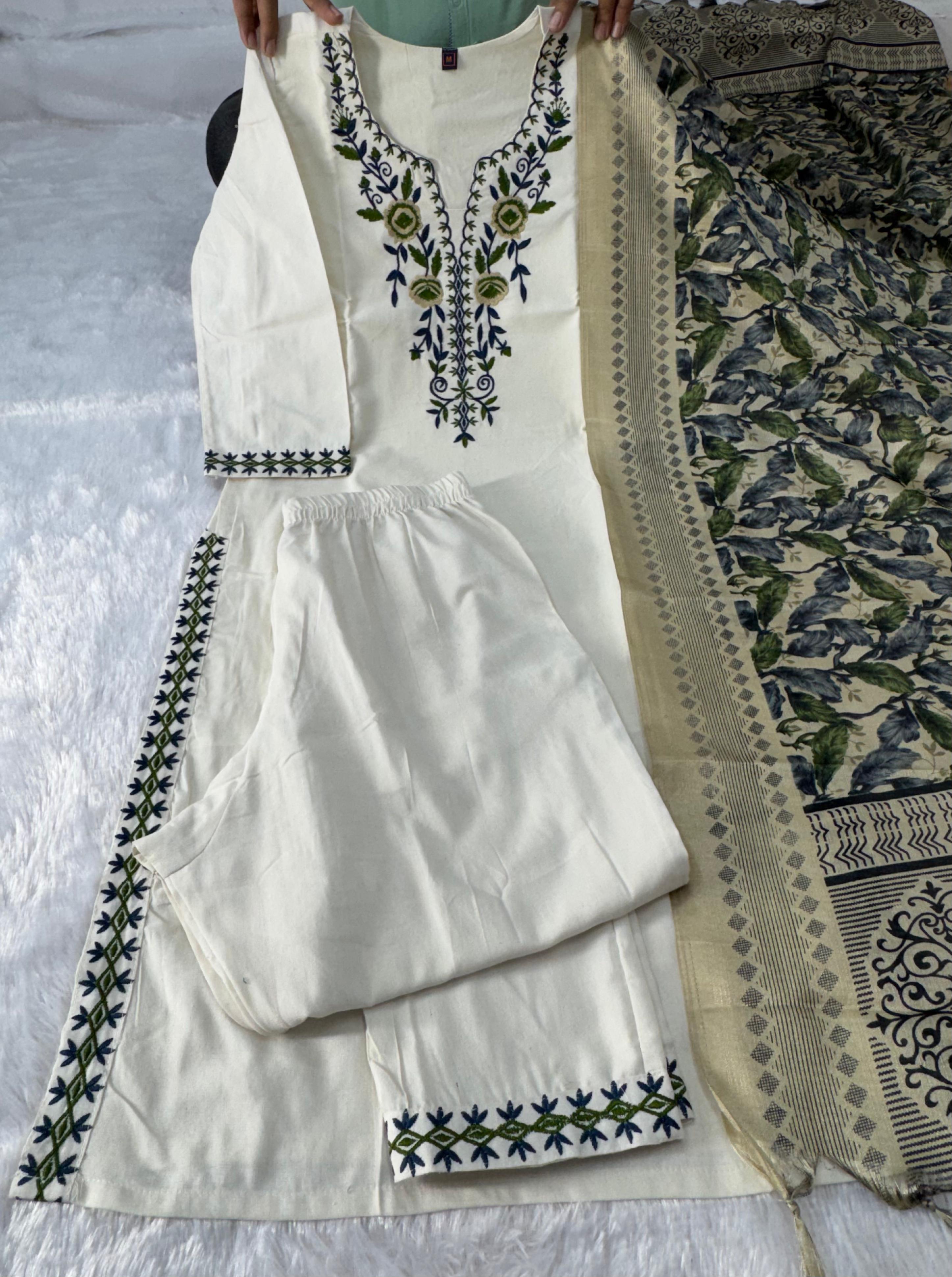 Laltika Women's Khadi Cotton Embroidered Kurta Pant Dupatta Set with Bhagalpuri Khadi Print Dupatta