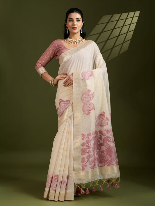 Traditional Kalamkari Peacock Weaving Saree with Checks Pattern