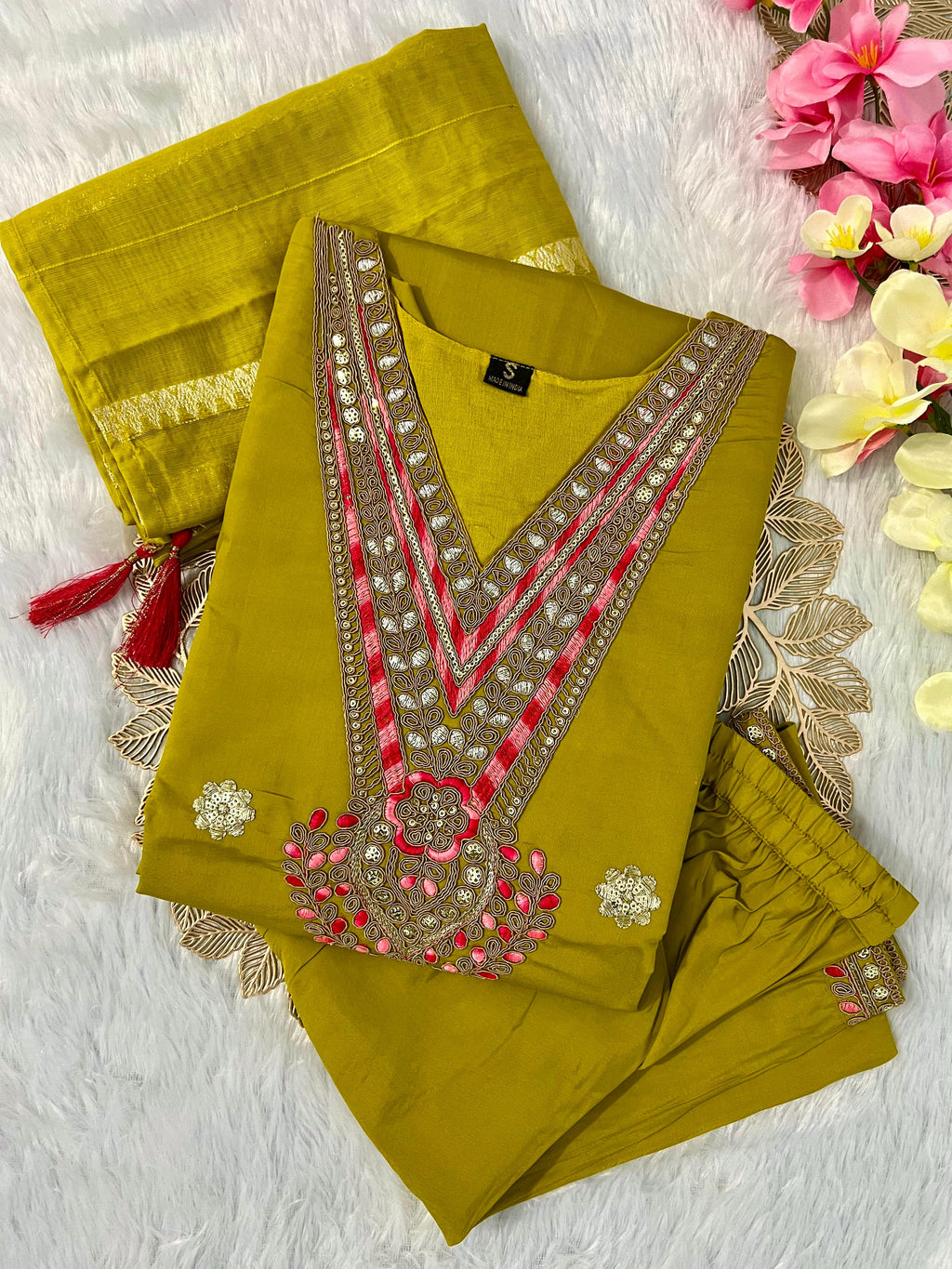 Laltika Women's Roman Silk Embroidered Kurta Pant Dupatta Set with Cotton Silk Dupatta
