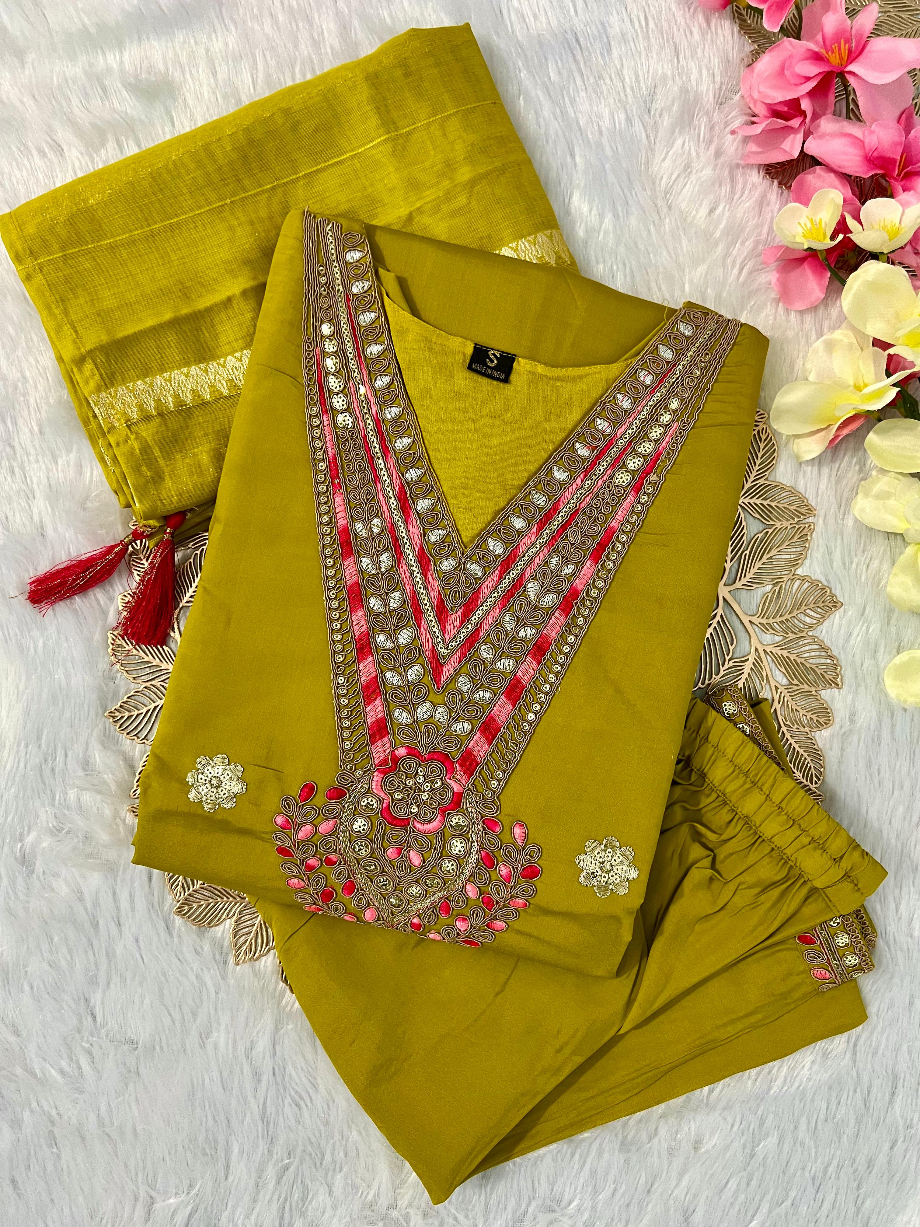 Laltika Women's Roman Silk Embroidered Kurta Pant Dupatta Set with Cotton Silk Dupatta