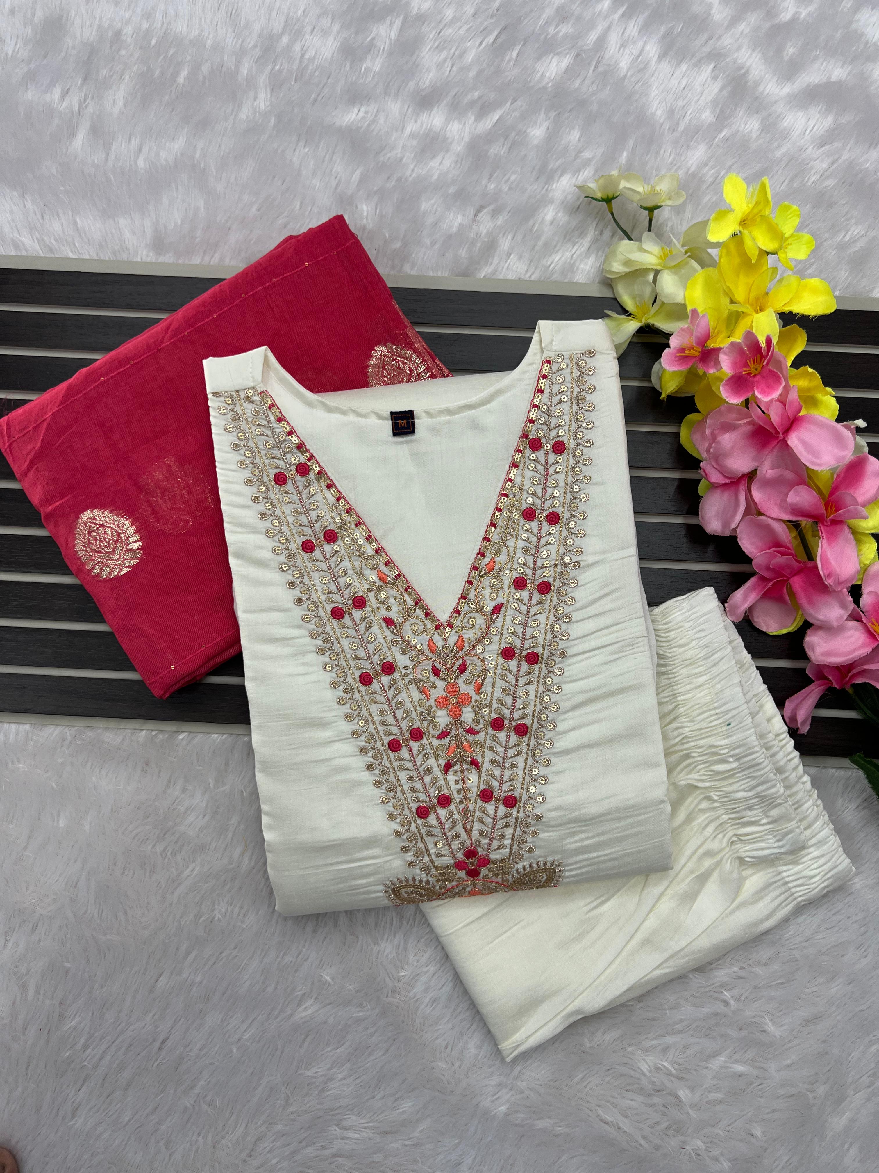 Off White Roman Silk Embroidered Kurta Pant Dupatta Set for Women
