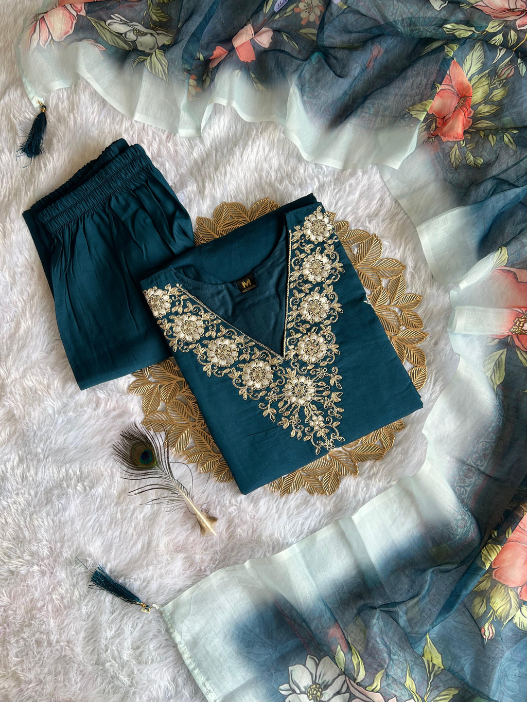 Teal Blue Roman Silk Embroidered Kurta Pant Dupatta Set for Women