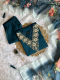 Teal Blue Roman Silk Embroidered Kurta Pant Dupatta Set for Women