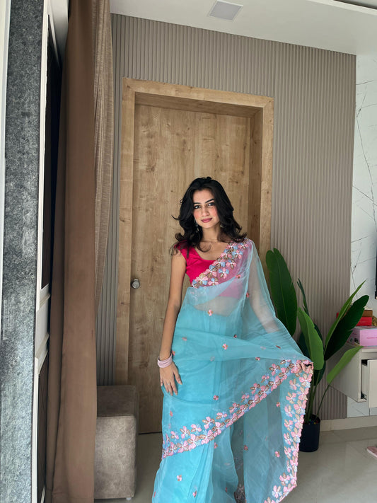 The 'Manali' - Pure Organza Silk Saree with Exquisite Hand Embroidery