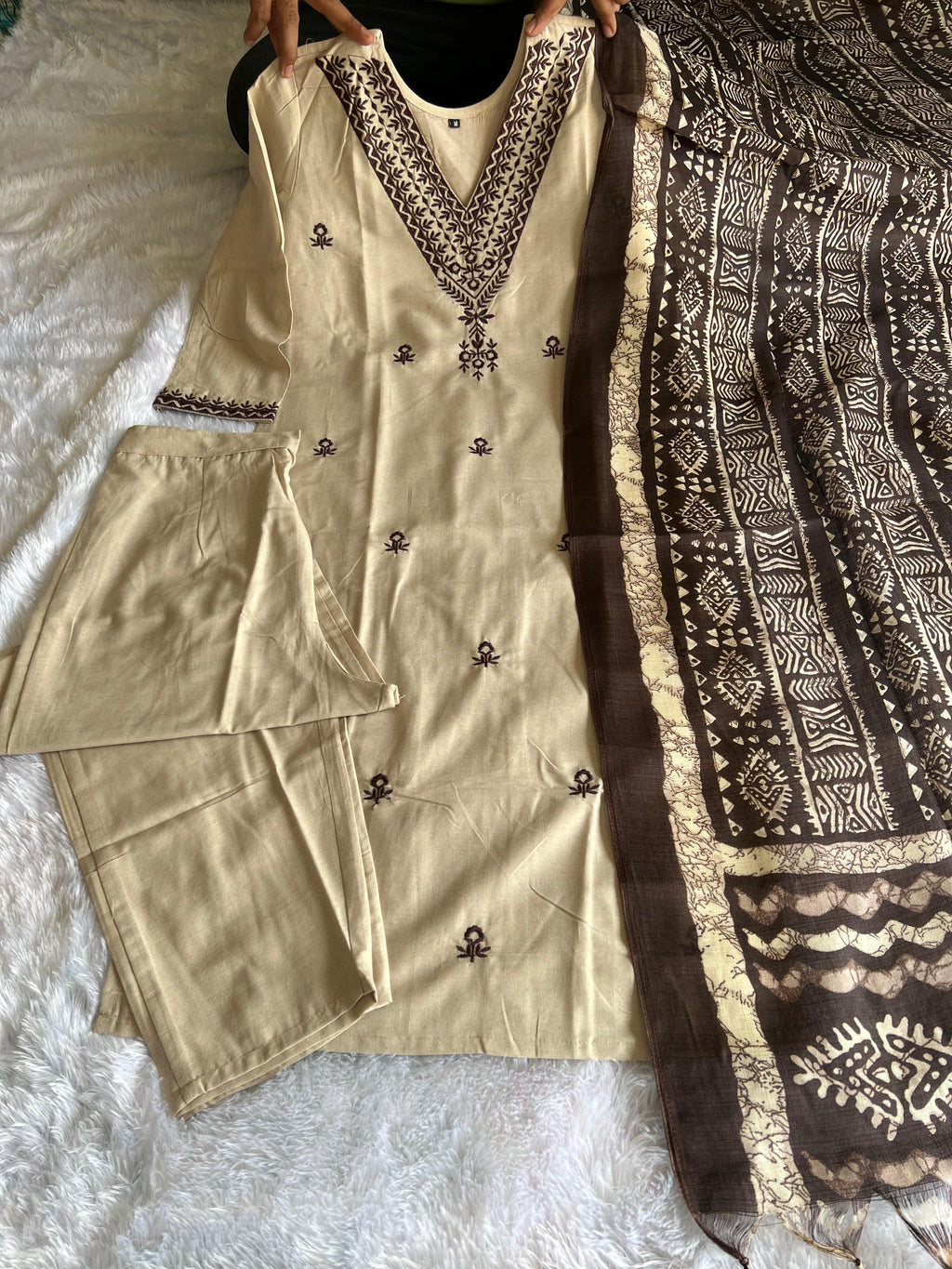 Laltika Chikoo Khadi Cotton Embroidered Kurta Pant Dupatta Set for Women with Bhagalpuri Khadi Print Dupatta