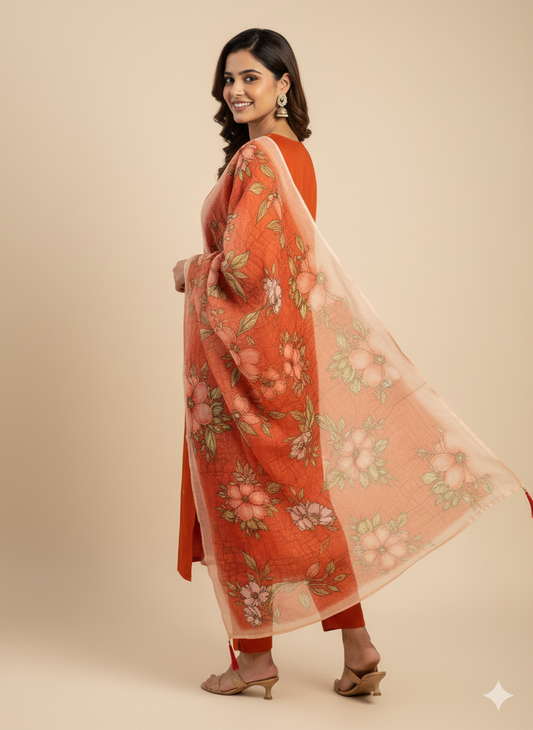 Roman Silk Kurti Set with Embroidery & Sequins Work | Tomato Pink Designer Kurti Pent Dupatta |