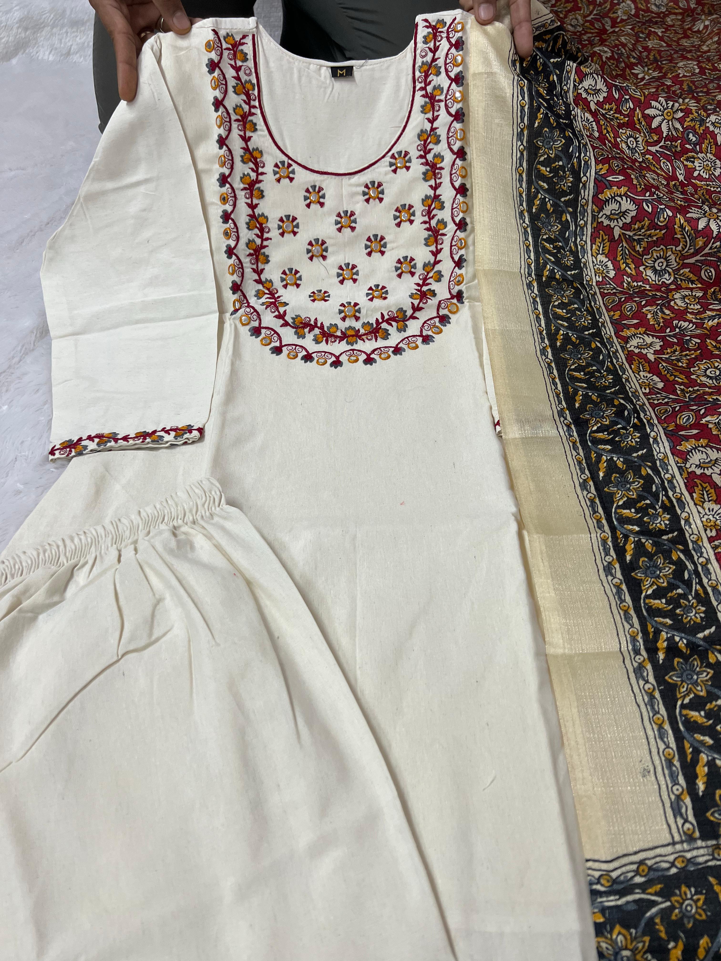 Laltika Women's Khadi Cotton Embroidered Kurta Pant Dupatta Set with Bhagalpuri Khadi Print Dupatta