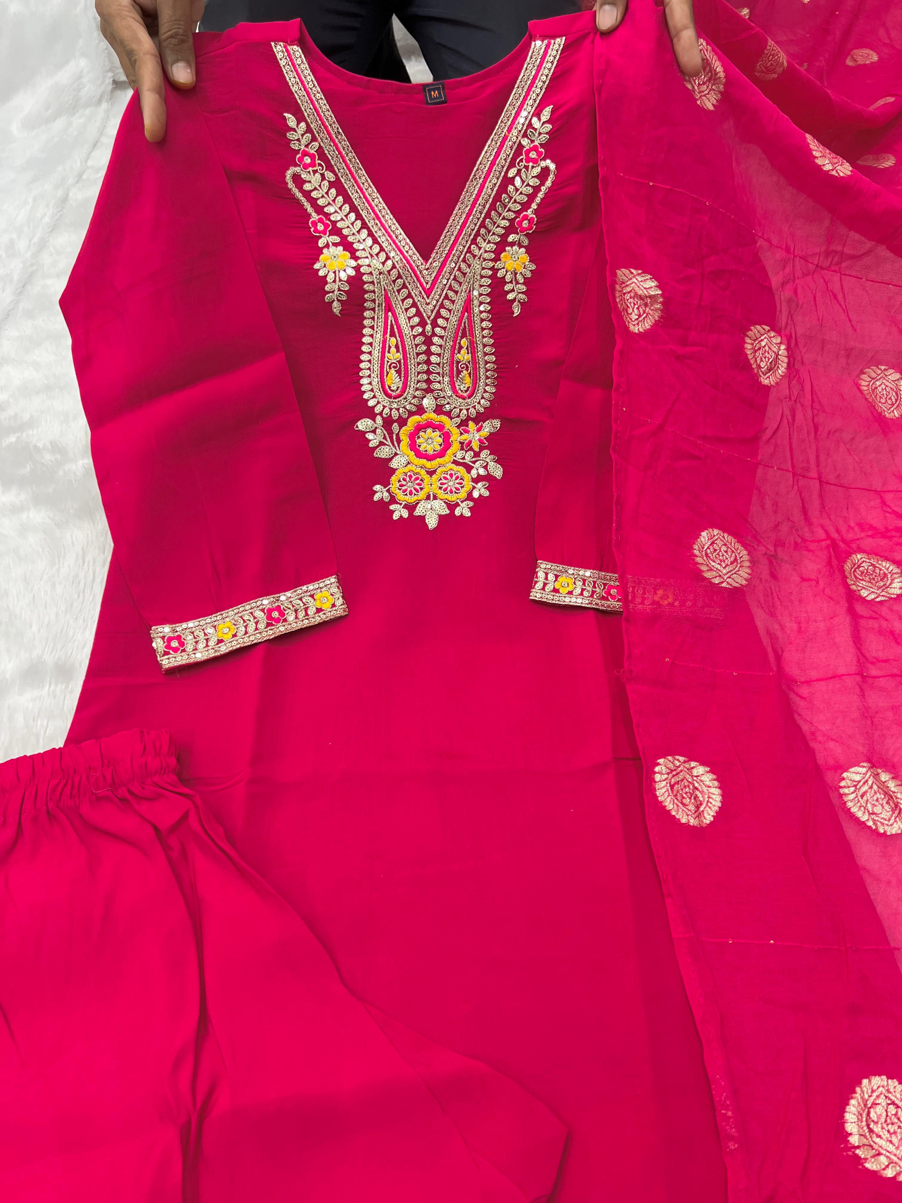 Pink Roman Silk Embroidered Kurta Pant Dupatta Set for Women