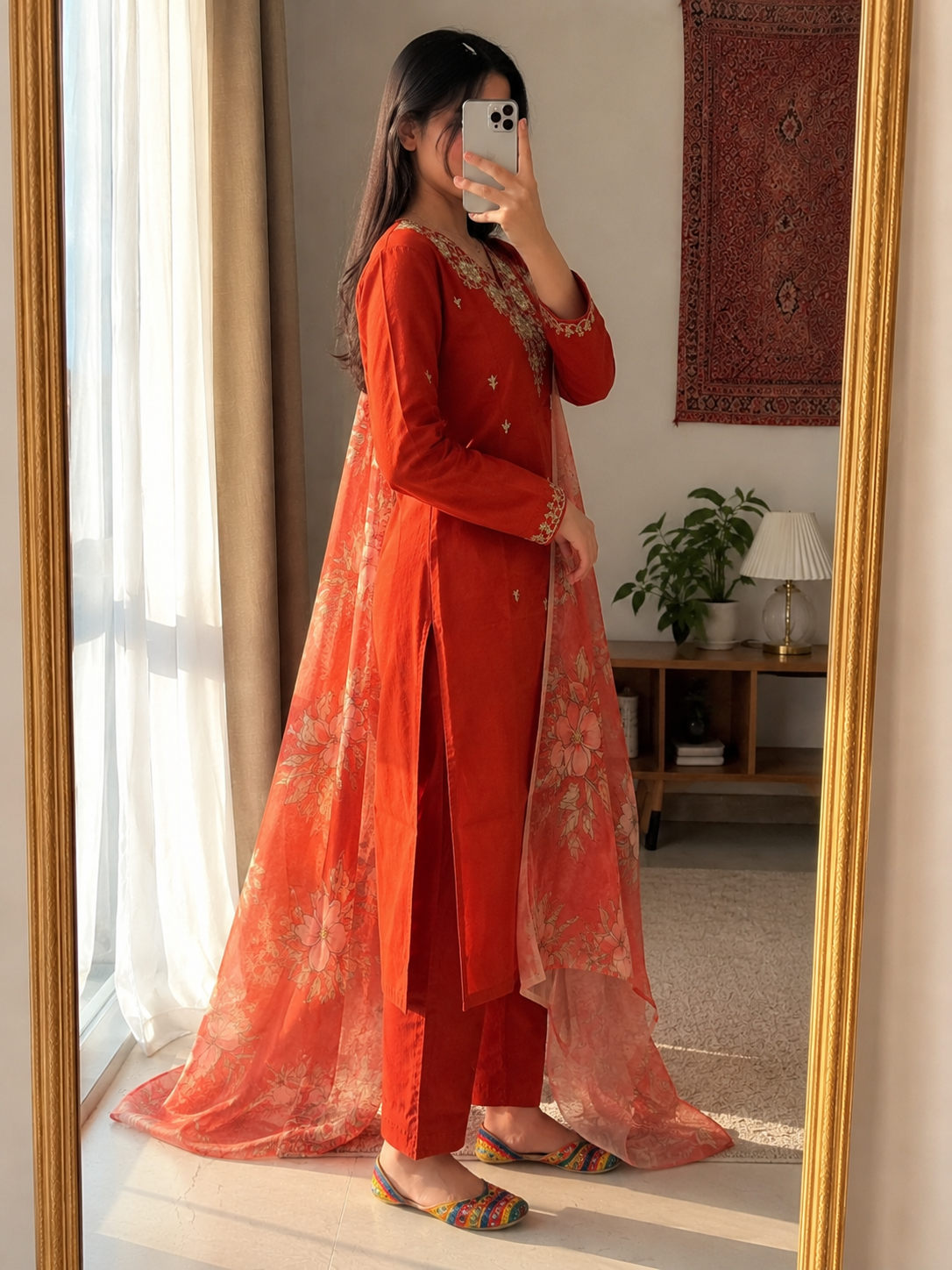 Rust Roman Silk Embroidered Kurta Pant Dupatta Set for Women
