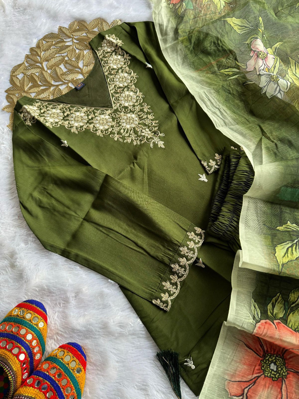 Laltika Mehndi Green Roman Silk Embroidered Kurta Pant Dupatta Set for Women with Chanderi Digital Print Dupatta