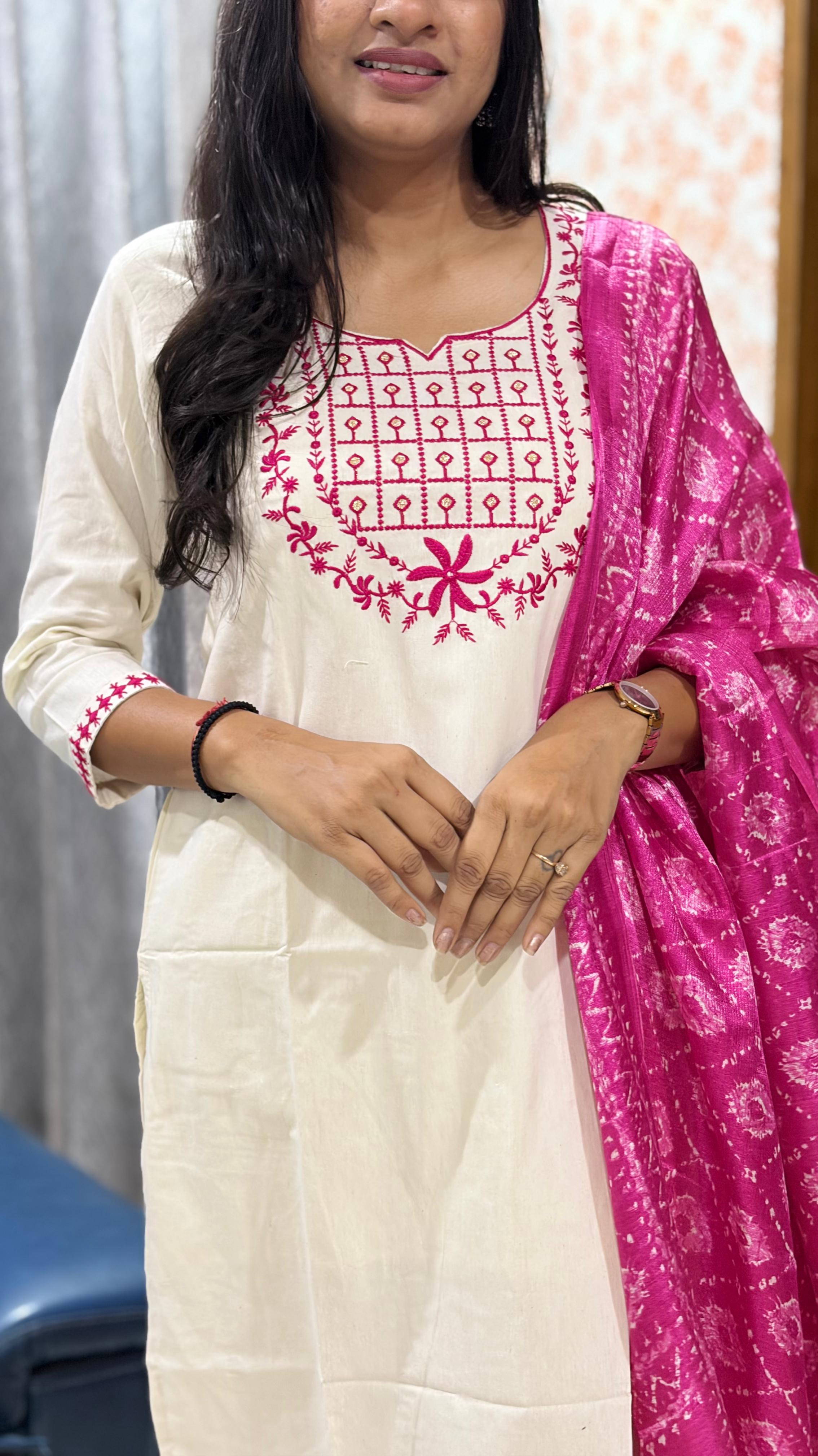 Laltika Women's Khadi Cotton Embroidered Kurta Pant Dupatta Set with Bhagalpuri Khadi Print Dupatta