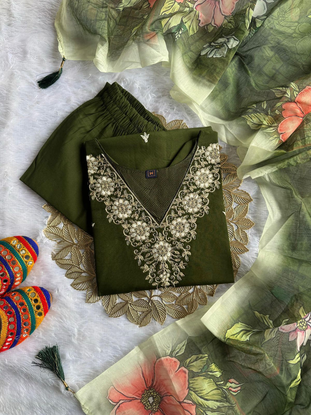 Laltika Mehndi Green Roman Silk Embroidered Kurta Pant Dupatta Set for Women with Chanderi Digital Print Dupatta
