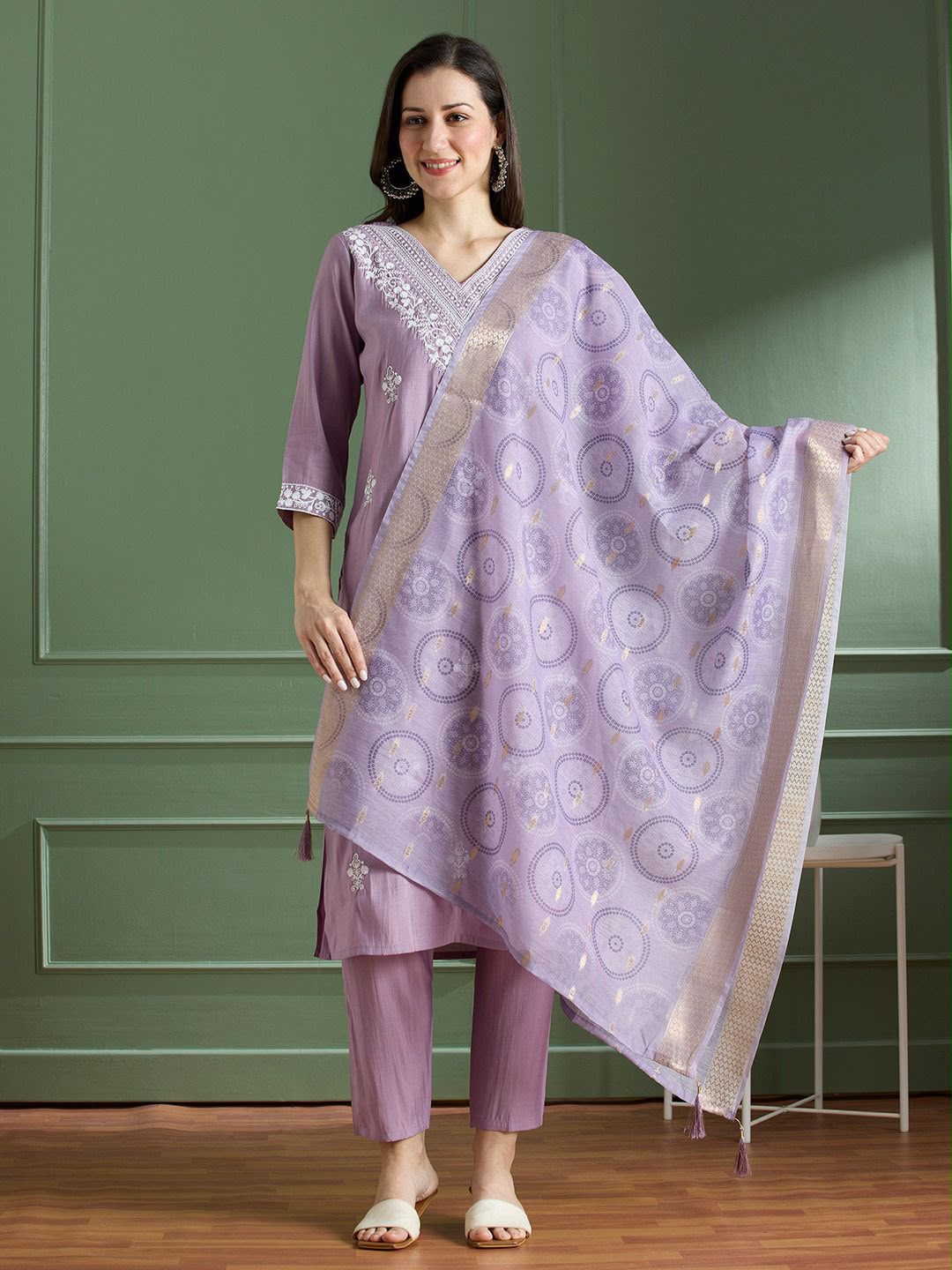 Buy Lavender Roman Silk Designer Kurti with Pant & Dupatta Set | Embroidered Festive Wear for Women