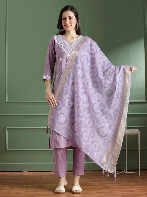 Buy Lavender Roman Silk Designer Kurti with Pant & Dupatta Set | Embroidered Festive Wear for Women