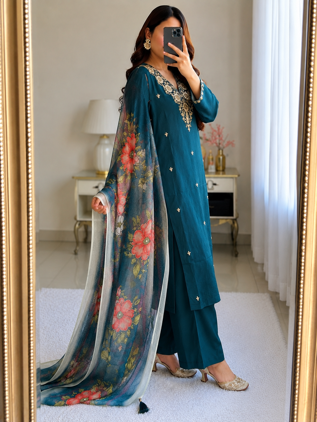 Teal Blue Roman Silk Embroidered Kurta Pant Dupatta Set for Women